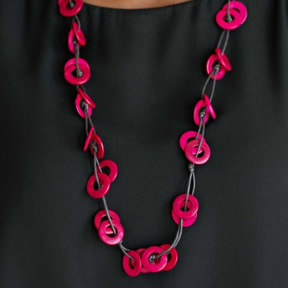 Paparazzi Waikiki Winds Wooden Cranberry Disc Necklace And Earrings Set New - Picture 2 of 7